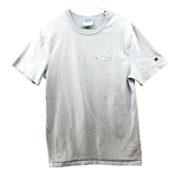 Champion T Shirt Mens Small S Light Blue Embroidered Retro Spellout Athleisure - Picture 1 of 9